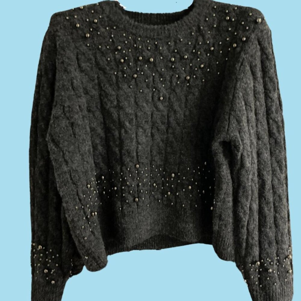 Women's Large Primark Grey Pearl Embellished Knitted Sweater ✨
